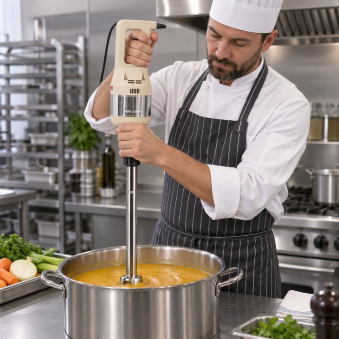 Blender ręczny Resto Quality Premium FM350VV500 z ramieniem 530 mm podczas pracy oburącz